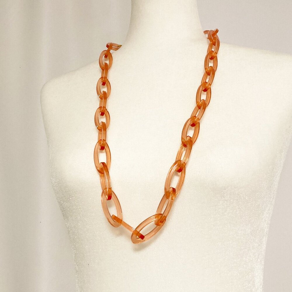 J Crew Coral Orange Acrylic Link Statement Necklace with Ribbon Closure